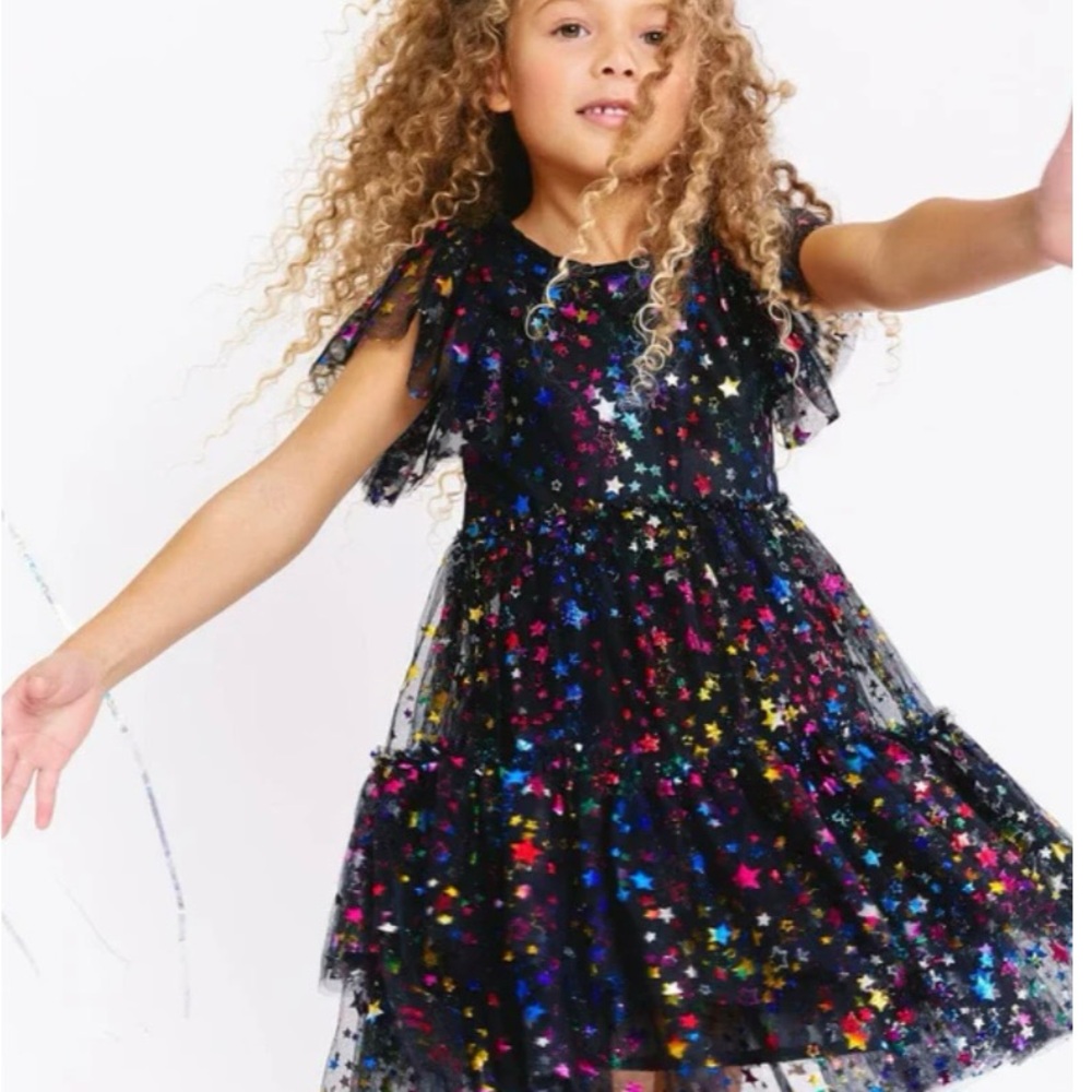 New Lola + The Boys Shining Rainbow Star Tulle Dress black & Colorful Stars 12